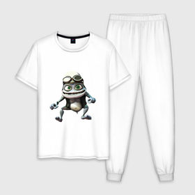 Мужская пижама хлопок с принтом Сумасшедшая лягушка гонщик в Петрозаводске, 100% хлопок | брюки и футболка прямого кроя, без карманов, на брюках мягкая резинка на поясе и по низу штанин
 | Тематика изображения на принте: crazy frog | байкер | мотоцикл