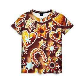 Женская футболка 3D с принтом Новогоднее печенье в Петрозаводске, 100% полиэфир ( синтетическое хлопкоподобное полотно) | прямой крой, круглый вырез горловины, длина до линии бедер | оранжевый | печенье | сладости | хлебные