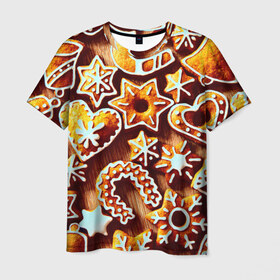 Мужская футболка 3D с принтом Новогоднее печенье в Петрозаводске, 100% полиэфир | прямой крой, круглый вырез горловины, длина до линии бедер | оранжевый | печенье | сладости | хлебные