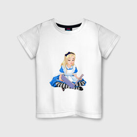 Детская футболка хлопок с принтом Алиса в стране чудес в Петрозаводске, 100% хлопок | круглый вырез горловины, полуприлегающий силуэт, длина до линии бедер | алиса | блондинка | в стране чудес | девочка | книга | мультик | сказка
