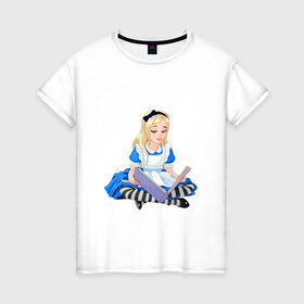 Женская футболка хлопок с принтом Алиса в стране чудес в Петрозаводске, 100% хлопок | прямой крой, круглый вырез горловины, длина до линии бедер, слегка спущенное плечо | алиса | блондинка | в стране чудес | девочка | книга | мультик | сказка