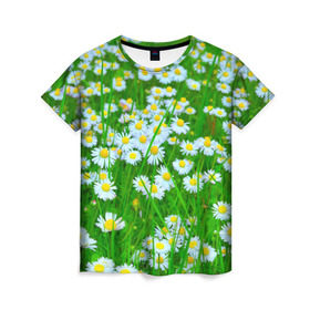 Женская футболка 3D с принтом Ромашки в Петрозаводске, 100% полиэфир ( синтетическое хлопкоподобное полотно) | прямой крой, круглый вырез горловины, длина до линии бедер | поле | природа | ромашка | цветы