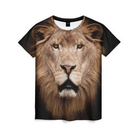Женская футболка 3D с принтом Царь зверей в Петрозаводске, 100% полиэфир ( синтетическое хлопкоподобное полотно) | прямой крой, круглый вырез горловины, длина до линии бедер | власть | дикая кошка | животное | король джунглей | лев | львица | мощь | мудрость | охотник | сила | хитрость | хищник | царь зверей