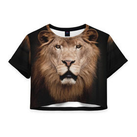 Женская футболка 3D укороченная с принтом Царь зверей в Петрозаводске, 100% полиэстер | круглая горловина, длина футболки до линии талии, рукава с отворотами | власть | дикая кошка | животное | король джунглей | лев | львица | мощь | мудрость | охотник | сила | хитрость | хищник | царь зверей