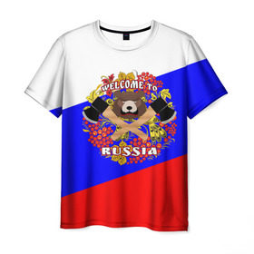 Мужская футболка 3D с принтом Добро пожаловать в Россию в Петрозаводске, 100% полиэфир | прямой крой, круглый вырез горловины, длина до линии бедер | russia | welcome | медведь | россия | хохлома
