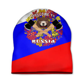 Шапка 3D с принтом Добро пожаловать в Россию в Петрозаводске, 100% полиэстер | универсальный размер, печать по всей поверхности изделия | russia | welcome | медведь | россия | хохлома