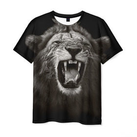 Мужская футболка 3D с принтом Разъярённый лев в Петрозаводске, 100% полиэфир | прямой крой, круглый вырез горловины, длина до линии бедер | власть | дикая кошка | животное | король джунглей | лев | львица | мощь | мудрость | охотник | сила | хитрость | хищник | царь зверей