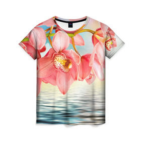 Женская футболка 3D с принтом Цветы над водой в Петрозаводске, 100% полиэфир ( синтетическое хлопкоподобное полотно) | прямой крой, круглый вырез горловины, длина до линии бедер | букет | вода | душистый аромат | озеро | приятный запах | пруд | растение | цветок | цветы