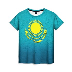 Женская футболка 3D с принтом Флаг Казахстана в Петрозаводске, 100% полиэфир ( синтетическое хлопкоподобное полотно) | прямой крой, круглый вырез горловины, длина до линии бедер | Тематика изображения на принте: казах | казахский | казахстан | национальный | нация | республика | рк | флаг | флаги