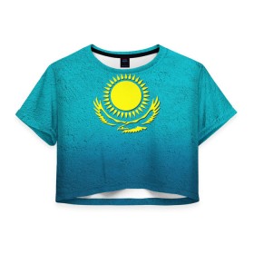 Женская футболка 3D укороченная с принтом Флаг Казахстана в Петрозаводске, 100% полиэстер | круглая горловина, длина футболки до линии талии, рукава с отворотами | казах | казахский | казахстан | национальный | нация | республика | рк | флаг | флаги