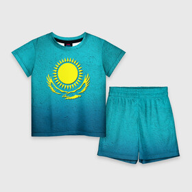 Детский костюм с шортами 3D с принтом Флаг Казахстана в Петрозаводске,  |  | Тематика изображения на принте: казах | казахский | казахстан | национальный | нация | республика | рк | флаг | флаги