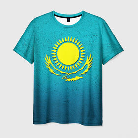 Мужская футболка 3D с принтом Флаг Казахстана в Петрозаводске, 100% полиэфир | прямой крой, круглый вырез горловины, длина до линии бедер | Тематика изображения на принте: казах | казахский | казахстан | национальный | нация | республика | рк | флаг | флаги