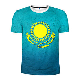 Мужская футболка 3D спортивная с принтом Флаг Казахстана в Петрозаводске, 100% полиэстер с улучшенными характеристиками | приталенный силуэт, круглая горловина, широкие плечи, сужается к линии бедра | казах | казахский | казахстан | национальный | нация | республика | рк | флаг | флаги