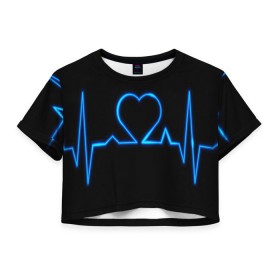 Женская футболка 3D укороченная с принтом Ритм сердца в Петрозаводске, 100% полиэстер | круглая горловина, длина футболки до линии талии, рукава с отворотами | ритм | сердце | синяя | черная | электро
