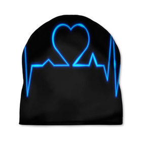 Шапка 3D с принтом Ритм сердца в Петрозаводске, 100% полиэстер | универсальный размер, печать по всей поверхности изделия | ритм | сердце | синяя | черная | электро
