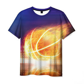 Мужская футболка 3D с принтом Огненный мяч в Петрозаводске, 100% полиэфир | прямой крой, круглый вырез горловины, длина до линии бедер | streetball | баскетбол | взрыв | искры | любимая игра | моя жизнь | мяч | огонь | пламя | развлечение | страсть | тренировка | увлечение | хобби