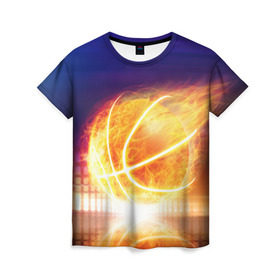 Женская футболка 3D с принтом Огненный мяч в Петрозаводске, 100% полиэфир ( синтетическое хлопкоподобное полотно) | прямой крой, круглый вырез горловины, длина до линии бедер | streetball | баскетбол | взрыв | искры | любимая игра | моя жизнь | мяч | огонь | пламя | развлечение | страсть | тренировка | увлечение | хобби