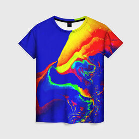 Женская футболка 3D с принтом Краска в Петрозаводске, 100% полиэфир ( синтетическое хлопкоподобное полотно) | прямой крой, круглый вырез горловины, длина до линии бедер | абстракция красок | брызги | краска | цветные