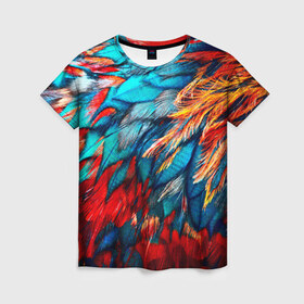 Женская футболка 3D с принтом Перья в Петрозаводске, 100% полиэфир ( синтетическое хлопкоподобное полотно) | прямой крой, круглый вырез горловины, длина до линии бедер | красный | текстура | цветной | яркий