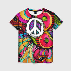 Женская футболка 3D с принтом Хиппи 2 в Петрозаводске, 100% полиэфир ( синтетическое хлопкоподобное полотно) | прямой крой, круглый вырез горловины, длина до линии бедер | hippie | peace | пацифик | хиппи