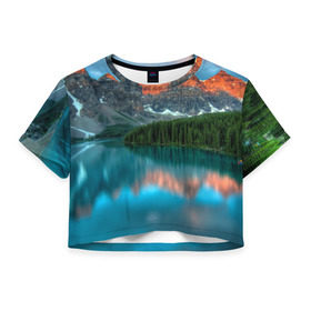 Женская футболка 3D укороченная с принтом Неописуемая красота в Петрозаводске, 100% полиэстер | круглая горловина, длина футболки до линии талии, рукава с отворотами | горы | канада | красота | лес | небо | облака | озеро | пейзаж | природа | речка