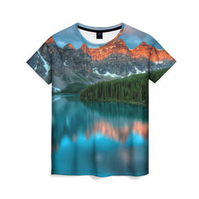 Женская футболка 3D с принтом Неописуемая красота в Петрозаводске, 100% полиэфир ( синтетическое хлопкоподобное полотно) | прямой крой, круглый вырез горловины, длина до линии бедер | горы | канада | красота | лес | небо | облака | озеро | пейзаж | природа | речка
