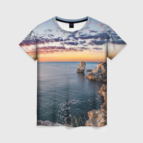 Женская футболка 3D с принтом Эпичный закат в Петрозаводске, 100% полиэфир ( синтетическое хлопкоподобное полотно) | прямой крой, круглый вырез горловины, длина до линии бедер | закат | море | облака | океан | рассвет | скалы
