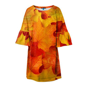 Детское платье 3D с принтом Кленовые листья в Петрозаводске, 100% полиэстер | прямой силуэт, чуть расширенный к низу. Круглая горловина, на рукавах — воланы | дары осени | жёлтый | золотой | клён | краски | красный | красота | листва | листья | наряд | оранжевый | осень | покров | природа