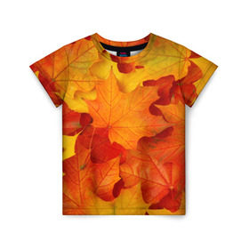 Детская футболка 3D с принтом Кленовые листья в Петрозаводске, 100% гипоаллергенный полиэфир | прямой крой, круглый вырез горловины, длина до линии бедер, чуть спущенное плечо, ткань немного тянется | дары осени | жёлтый | золотой | клён | краски | красный | красота | листва | листья | наряд | оранжевый | осень | покров | природа