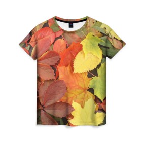 Женская футболка 3D с принтом Осенние листья в Петрозаводске, 100% полиэфир ( синтетическое хлопкоподобное полотно) | прямой крой, круглый вырез горловины, длина до линии бедер | Тематика изображения на принте: жёлтый | красный | листва | оранжевый | осень