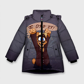 Зимняя куртка для девочек 3D с принтом Five Nights At Freddys в Петрозаводске, ткань верха — 100% полиэстер; подклад — 100% полиэстер, утеплитель — 100% полиэстер. | длина ниже бедра, удлиненная спинка, воротник стойка и отстегивающийся капюшон. Есть боковые карманы с листочкой на кнопках, утяжки по низу изделия и внутренний карман на молнии. 

Предусмотрены светоотражающий принт на спинке, радужный светоотражающий элемент на пуллере молнии и на резинке для утяжки. | 5 ночей с фредди | 5 ночей с фреди | 5 ночей у фредди | 5 ночей у фреди | five nights at freddys | fnaf | фнаф | фредди | фреди