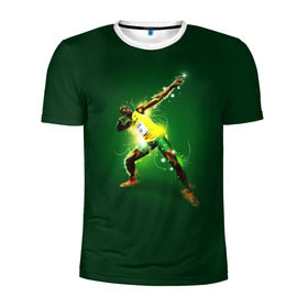 Мужская футболка 3D спортивная с принтом Usain Bolt в Петрозаводске, 100% полиэстер с улучшенными характеристиками | приталенный силуэт, круглая горловина, широкие плечи, сужается к линии бедра | Тематика изображения на принте: атлетика | без | болт | легкая | спорт | усейн