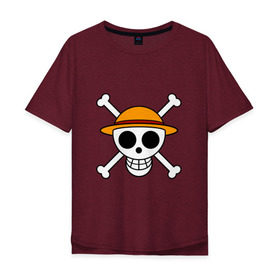 Мужская футболка хлопок Oversize с принтом Весёлый Роджер Мугивар в Петрозаводске, 100% хлопок | свободный крой, круглый ворот, “спинка” длиннее передней части | аниме | большой куш | ван пис | кости | луффи | мугивара | пираты | соломенная | череп | шляпа
