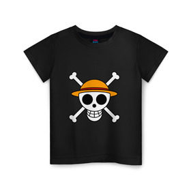 Детская футболка хлопок с принтом Весёлый Роджер Мугивар в Петрозаводске, 100% хлопок | круглый вырез горловины, полуприлегающий силуэт, длина до линии бедер | аниме | большой куш | ван пис | кости | луффи | мугивара | пираты | соломенная | череп | шляпа