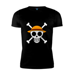 Мужская футболка премиум с принтом Весёлый Роджер Мугивар в Петрозаводске, 92% хлопок, 8% лайкра | приталенный силуэт, круглый вырез ворота, длина до линии бедра, короткий рукав | аниме | большой куш | ван пис | кости | луффи | мугивара | пираты | соломенная | череп | шляпа