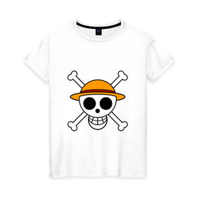 Женская футболка хлопок с принтом Весёлый Роджер Мугивар в Петрозаводске, 100% хлопок | прямой крой, круглый вырез горловины, длина до линии бедер, слегка спущенное плечо | аниме | большой куш | ван пис | кости | луффи | мугивара | пираты | соломенная | череп | шляпа