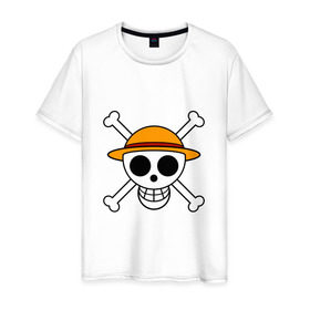 Мужская футболка хлопок с принтом Весёлый Роджер Мугивар в Петрозаводске, 100% хлопок | прямой крой, круглый вырез горловины, длина до линии бедер, слегка спущенное плечо. | аниме | большой куш | ван пис | кости | луффи | мугивара | пираты | соломенная | череп | шляпа