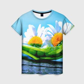 Женская футболка 3D с принтом Ромашки в Петрозаводске, 100% полиэфир ( синтетическое хлопкоподобное полотно) | прямой крой, круглый вырез горловины, длина до линии бедер | красота | поле | природа | ромашка | цветы