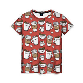 Женская футболка 3D с принтом Веселые чашки кофе в Петрозаводске, 100% полиэфир ( синтетическое хлопкоподобное полотно) | прямой крой, круглый вырез горловины, длина до линии бедер | паттерн