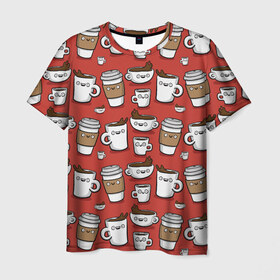 Мужская футболка 3D с принтом Веселые чашки кофе в Петрозаводске, 100% полиэфир | прямой крой, круглый вырез горловины, длина до линии бедер | паттерн