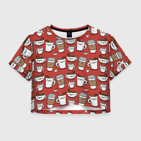 Женская футболка 3D укороченная с принтом Веселые чашки кофе в Петрозаводске, 100% полиэстер | круглая горловина, длина футболки до линии талии, рукава с отворотами | паттерн