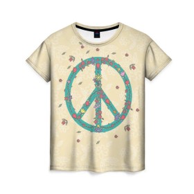Женская футболка 3D с принтом Peace в Петрозаводске, 100% полиэфир ( синтетическое хлопкоподобное полотно) | прямой крой, круглый вырез горловины, длина до линии бедер | peace | мир | пис | хиппи | цветы