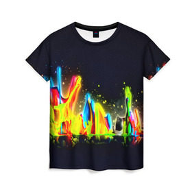 Женская футболка 3D с принтом Взрыв красок в Петрозаводске, 100% полиэфир ( синтетическое хлопкоподобное полотно) | прямой крой, круглый вырез горловины, длина до линии бедер | абстракция | абстракция красок | брызги | краска | цветные