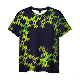 Мужская футболка 3D с принтом Пиксели в Петрозаводске, 100% полиэфир | прямой крой, круглый вырез горловины, длина до линии бедер | Тематика изображения на принте: зеленый | кружево | узор | цветной | черный