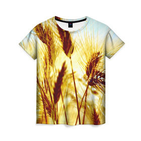 Женская футболка 3D с принтом Колос в Петрозаводске, 100% полиэфир ( синтетическое хлопкоподобное полотно) | прямой крой, круглый вырез горловины, длина до линии бедер | желтый | злаки | поле | пшеница