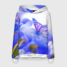 Женская толстовка 3D с принтом Бабочки в Петрозаводске, 100% полиэстер  | двухслойный капюшон со шнурком для регулировки, мягкие манжеты на рукавах и по низу толстовки, спереди карман-кенгуру с мягким внутренним слоем. | бабочки | красота | природа | синяя | цветы