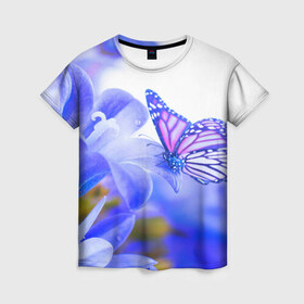 Женская футболка 3D с принтом Бабочки в Петрозаводске, 100% полиэфир ( синтетическое хлопкоподобное полотно) | прямой крой, круглый вырез горловины, длина до линии бедер | бабочки | красота | природа | синяя | цветы