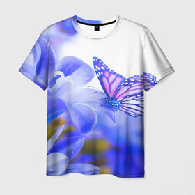 Мужская футболка 3D с принтом Бабочки в Петрозаводске, 100% полиэфир | прямой крой, круглый вырез горловины, длина до линии бедер | бабочки | красота | природа | синяя | цветы
