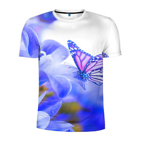 Мужская футболка 3D спортивная с принтом Бабочки в Петрозаводске, 100% полиэстер с улучшенными характеристиками | приталенный силуэт, круглая горловина, широкие плечи, сужается к линии бедра | бабочки | красота | природа | синяя | цветы