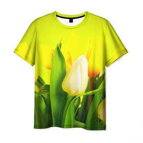 Мужская футболка 3D с принтом Тюльпаны в Петрозаводске, 100% полиэфир | прямой крой, круглый вырез горловины, длина до линии бедер | Тематика изображения на принте: букет | поле | природа | тюльпаны | цветы